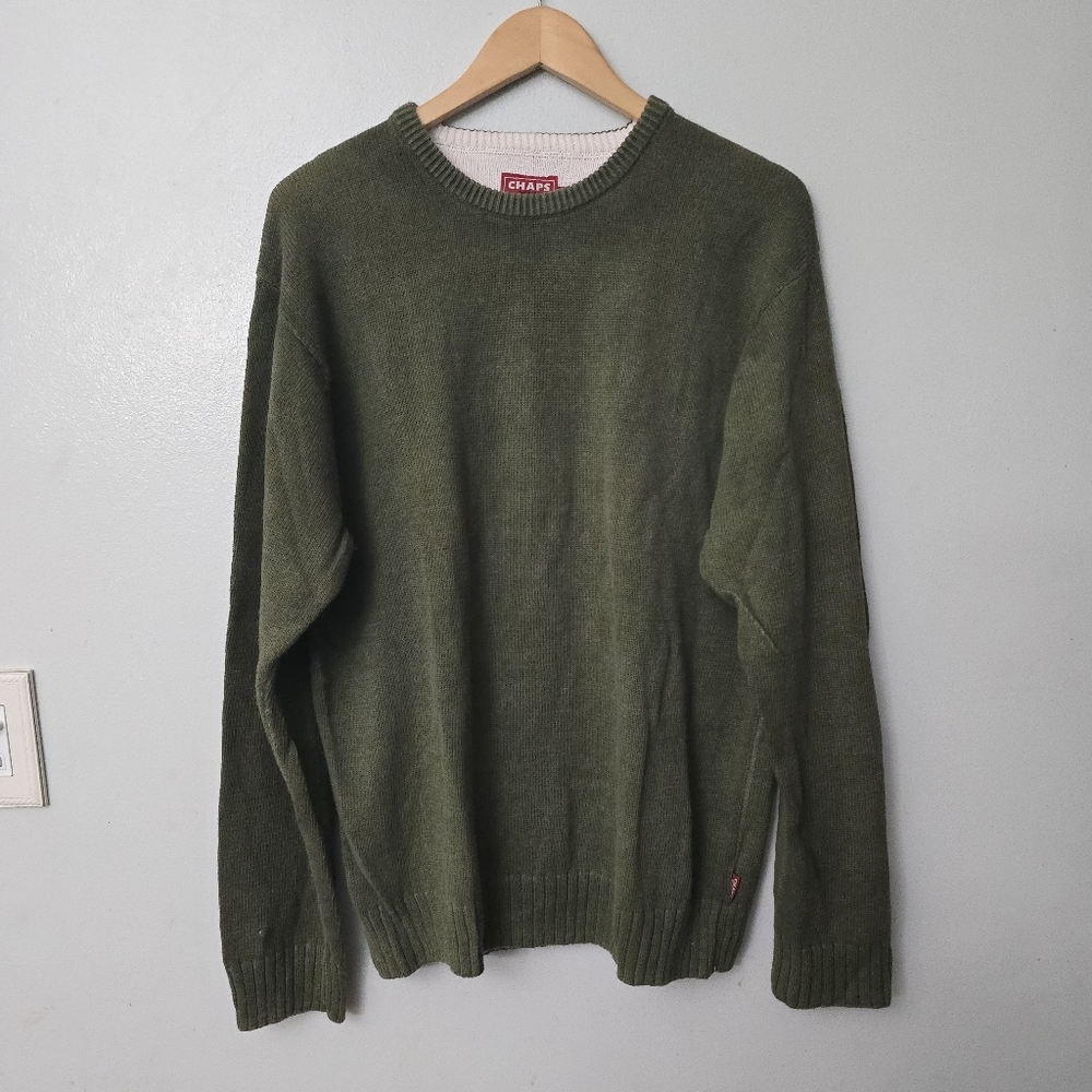 Vintage Chaps Denim Cotton Sweater Size Medium Green White Lined